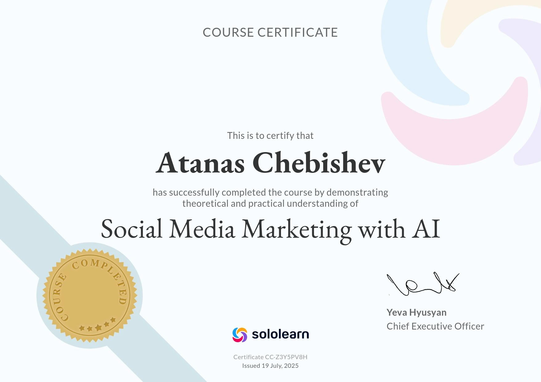 Sololearn Social Media Marketing with AI certificate